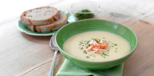 Potet- og purresuppe med reker